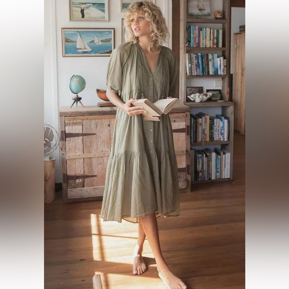 NWT Spell And The Gypsy Honey Smock Dress in Olive Sz. Small, Sundown Drop 2021